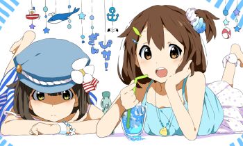 1girl artist_self-insert brown_eyes brown_hair casual drink fictional_persona hat hirasawa_yui k-on! kana_(okitasougo222) lying on_stomach ramune self-portrait ship short_hair side_ponytail watercraft whale