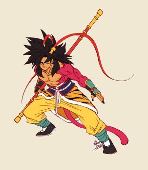 Rule 34 | 1boy, animal print, arm guards, bare pectorals, belt, black hair, black nails, black shoes, blue socks, bo staff, body fur, brown background, cape, commentary, cosplay, dragon ball, dragon ball gt, english commentary, facing viewer, feather hair ornament, feathers, fingernails, flat color, full body, fur cape, hair ornament, highres, journey to the west, long hair, looking at viewer, martial arts belt, monkey boy, monkey tail, muscular, muscular male, nail polish, nipples, pants, pectorals, pheasant feathers, red feathers, red fur, redesign, ruyi jingu bang, rykun dsz, shoes, signature, socks, solo, son goku, spiked hair, sun wukong, sun wukong (cosplay), super saiyan, super saiyan 4, tail, tan, tiger print, topless male, vambraces, waist cape, white belt, yellow eyes, yellow pants