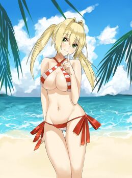 1girl arm_at_side beach bikini blonde_hair blue_sky breasts closed_mouth cloud commentary day english_commentary fate/grand_order fate_(series) gluteal_fold green_eyes hair_intakes hand_up head_tilt index_finger_raised j@ck large_breasts long_hair navel nero_claudius_(fate) nero_claudius_(swimsuit_caster)_(fate) nero_claudius_(swimsuit_caster)_(third_ascension)_(fate) ocean official_alternate_costume official_alternate_hairstyle outdoors red_bikini side-tie_bikini_bottom sky smile solo stomach striped_bikini striped_clothes swimsuit thigh_gap thighs twintails