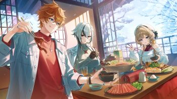 1boy 2girls absurdres alternate_costume amaichi_esora anger_vein architecture arlecchino_(genshin_impact) beret black_bow black_eyes black_gloves black_hair blue_eyes bottle bow bowl bracelet brown_hair chopsticks closed_mouth cup drinking_straw earrings east_asian_architecture food genshin_impact gloves grey_shirt hair_between_eyes hat highres holding holding_bowl holding_chopsticks hotpot indoors jacket jacket_on_shoulders jewelry kotatsu light_rays long_hair long_sleeves looking_at_another multicolored_hair multiple_girls mushroom necklace off-shoulder_shirt off_shoulder open_clothes open_jacket orange_hair red_shirt ring round_window sandrone_(genshin_impact) shirt single_earring sky snow symbol-shaped_pupils table tartaglia_(genshin_impact) tofu tongue tongue_out tree trembling turtleneck two-tone_hair upper_body white_hair white_jacket white_shirt window x-shaped_pupils