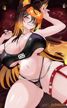 1girl animal_ears black_panties black_tank_top blindfold blindfold_on_head breasts brown_hair choker cleavage colored_blindfold company_logo fiery_ears fiery_tail fire g-string gamer_supps gluteal_fold hair_over_one_eye highleg highleg_panties highres indie_virtual_youtuber large_breasts long_hair looking_at_viewer multicolored_hair nail_polish navel orange_eyes orange_fire orange_hair orange_streaks panties print_tank_top sinder_(vtuber) sinder_(vtuber)_(pyro_pajamas) sleep_mask smile solo spikes streaked_hair syeneon tail tank_top thong underwear virtual_youtuber wolf_ears wolf_girl wolf_tail