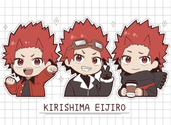 Rule 34 | 1boy, alternate costume, black gloves, boku no hero academia, chibi, closed mouth, coco 1457, commentary request, cup, disposable coffee cup, disposable cup, eyewear on head, gloves, goggles, grid background, jacket, kirishima eijiro, looking at viewer, male focus, multiple views, outline, red eyes, red hair, red jacket, sharp teeth, short eyebrows, short hair, teeth, v, white outline