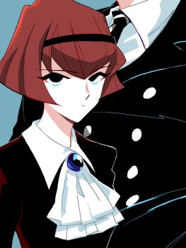 android ascot black_suit blue_background bob_cut collared_shirt dress formal_clothes hair_between_eyes hairband looking_at_viewer necktie pale_skin r_dorothy_wayneright red_hair roger_smith shirt short_hair simple_background solo_focus suit tachi the_big_o upper_body white_ascot