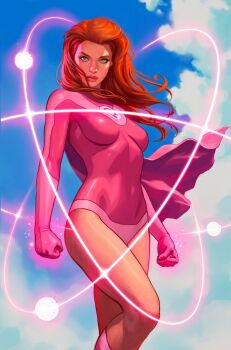 1girl atom atom_eve bare_legs blue_sky boots breasts clenched_hands cloud commentary covered_navel cowboy_shot day energy energy_ball english_commentary eyelashes floating_hair flying gloves glowing glowing_hands green_eyes highres impossible_clothes impossible_leotard invincible_(series) ivan_talavera large_breasts leotard lips long_hair long_sleeves looking_at_viewer midair orange_hair outdoors partially_shaded_face pink_boots pink_gloves pink_leotard pink_lips samantha_eve_wilkins skin_tight sky solo superhero_costume thick_lips venus_symbol western_comics_(style)