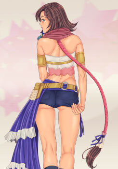 00s 1girl ass brown_hair female_focus final_fantasy final_fantasy_x final_fantasy_x-2 from_behind highres hood linart looking_at_viewer looking_back ponytail short_shorts shorts showgirl_skirt solo yuna