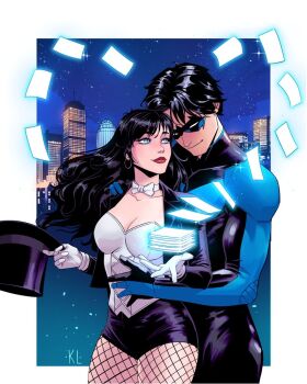 1boy 1girl batman_(series) black_bodysuit black_hair black_hat black_jacket black_mask blue_bodysuit blue_eyes blue_mask bodysuit border bow bowtie breasts building city cityscape cleavage closed_mouth collarbone commission corset couple dc_comics dick_grayson earrings fishnet_pantyhose fishnets floating_hair gloves half-closed_eyes hands_up hat head_down heart hetero hoop_earrings hug hug_from_behind jacket jewelry kath_lobo lips lipstick long_hair long_sleeves looking_at_another looking_back makeup mask medium_breasts multicolored_bodysuit neck night night_sky nightwing outside_border pantyhose paper red_lips short_hair skin_tight sky smile standing star_(sky) starry_sky straight_hair strapless superhero_costume top_hat unworn_hat unworn_headwear white_border white_bow white_bowtie white_corset white_gloves young_justice zatanna_zatara