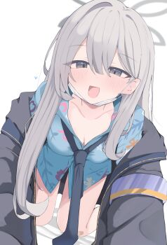 1girl absurdres blue_archive blush breasts commentary grey_hair halo highres jacket konoka_(blue_archive) long_hair looking_at_viewer mask mouth_mask necktie nui_(nuinui0300) shirt solo white_background