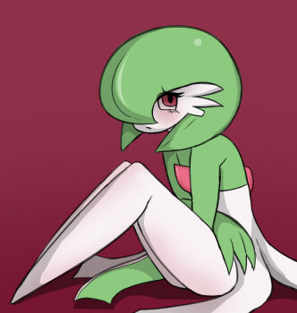 1girl bags_under_eyes blush bob_cut closed_mouth colored_skin crossed_arms female_focus from_side full_body gardevoir gen_3_pokemon green_hair green_skin hair_over_one_eye highres knees_up legs legs_together light_blush looking_afar looking_up multicolored_skin nintendo no_feet one_eye_covered pokemon pokemon_(creature) red_background red_eyes short_hair simmunsu simple_background sitting solo thighs two-tone_skin white_skin
