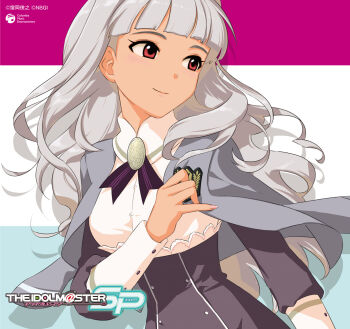 Rule 34 | 1girl, album cover, annindoufu (oicon), blunt bangs, breasts, capelet, closed mouth, copyright notice, cover, drop shadow, grey capelet, grey hair, highres, idolmaster, idolmaster (classic), idolmaster sp, long hair, long sleeves, official art, red eyes, shijou takane, smile, solo, third-party source, upper body