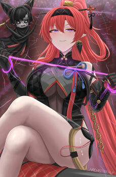 1girl archstreal artist_name bare_legs bare_shoulders black_dress black_gloves black_hairband breasts chain circle_facial_mark commentary crossed_legs doll dress earrings english_commentary eyeliner flower_hairpin from_below gloves grin hair_between_eyes hair_ornament hairband hairpin half-closed_eyes high_ponytail highres holding holding_string jewelry large_breasts layered_dress long_hair looking_at_viewer looking_down makeup mechanical_hands parted_lips pointy_ears ponytail purple_eyes purple_pupils red_eyeliner red_hair see-through_dress_layer side_slit sitting smile solo string tacet_mark_(wuthering_waves) turtleneck turtleneck_dress very_long_hair wuthering_waves yinlin_(wuthering_waves)