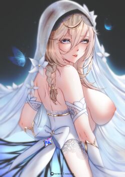 1girl absurdres aponia artist_name blonde_hair blue_butterfly blue_eyes breasts bug butterfly dress from_side hair_between_eyes hibahria highres honkai_(series) honkai_impact_3rd insect large_breasts looking_at_viewer medium_hair mole mole_under_eye nipples solo veil white_dress white_veil