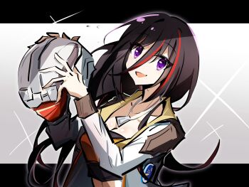 1girl 25ocoveryui black_border black_hair border breasts cleavage collarbone commentary commission crop_top dog_tags eiyuu_densetsu emilia_harling english_commentary floating_hair gradient_background grey_background hair_between_eyes helmet highres holding holding_unworn_helmet jacket kai_no_kiseki kuro_no_kiseki_(series) long_hair looking_at_viewer midriff multicolored_hair open_clothes open_jacket open_mouth purple_eyes red_hair second-party_source simple_background smile solo streaked_hair sweat two-tone_hair unworn_headwear unworn_helmet white_jacket