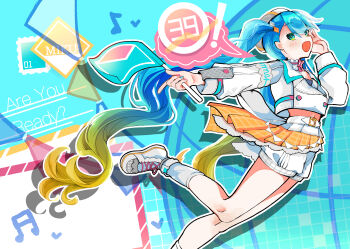 1girl 39 absurdres aqua_nails beret blonde_hair blue_hair blush bow cropped_jacket diamond_(shape) diamond_hair_ornament english_text fie_rlll flag gradient_hair green_eyes hair_between_eyes hair_ornament hat hatsune_miku highres holding holding_flag jacket long_hair long_sleeves magical_mirai_(vocaloid) magical_mirai_miku magical_mirai_miku_(2024) midriff multicolored_hair official_alternate_costume official_alternate_hairstyle open_mouth orange_skirt pink_bow pink_nails plaid_clothes plaid_skirt pleated_skirt shoes shorts shorts_under_skirt skirt smile solo twintails very_long_hair vocaloid white_jacket white_shoes white_shorts