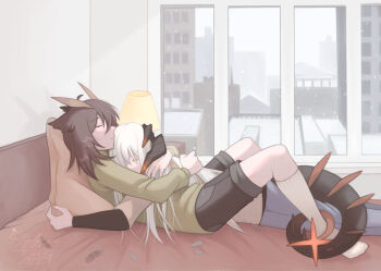 2girls arkiwi arknights bedroom between_legs black_shorts brown_hair commentary cuddling dragon_girl dragon_horns dragon_tail english_commentary feather_hair feathers green_sweater highres horns hug indoors lamp layered_sleeves long_hair long_sleeves multiple_girls on_bed pillow saria_(arknights) short_over_long_sleeves short_sleeves shorts silence_(arknights) sleeping sleeping_on_person snowing sweater tail tail_around_another&#039;s_leg tail_wrap white_hair window yuri
