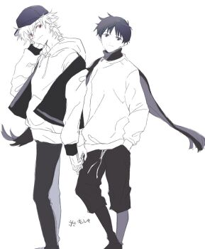 Rule 34 | 2boys, baseball cap, blue eyes, closed mouth, commentary request, drawstring, floating scarf, greyscale, hat, highres, holding hands, hood, hood down, hoodie, ikari shinji, jacket, letterman jacket, light smile, male focus, monochrome, multiple boys, nagisa kaworu, neon genesis evangelion, pants, red eyes, scarf, short hair, shorts, simple background, standing, translation request, white background, yaoi, yorumi1117