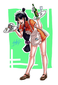 1girl ace_attorney alternate_costume apron aqua_background black_hair blush bottle cup draxoh drinking_glass glass godot_(ace_attorney) green_background long_hair maid_headdress maya_fey open_mouth shoes smile tray waitress wine_glass