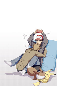 2boys 88_(einnimnech) baseball_cap black_hair black_jacket black_pants black_shirt black_socks blue_oak blue_pants blue_socks brown_eyes brown_fur brown_hair brown_jacket commentary_request eevee gen_1_pokemon gen_4_pokemon green_shirt hat highres holding holding_phone hug jacket male_focus multiple_boys nintendo open_clothes open_jacket open_mouth pants phone pikachu pokemon pokemon_(creature) red_(pokemon) red_hat rotom rotom_phone shirt short_hair smile socks speech_bubble spiked_hair tail