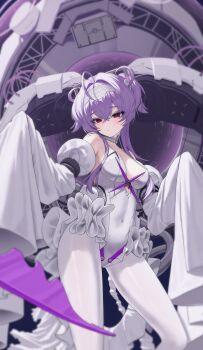 1girl absurdres ahoge bare_shoulders breasts collarbone commentary_request covered_navel detached_sleeves feet_out_of_frame frills goddess_of_victory:_nikke hair_intakes hairband hands_up headgear highres huge_ahoge korean_commentary large_breasts leotard liberalio_(nikke) looking_at_viewer maji_(majidesu3) pantyhose purple_hair red_eyes short_hair_with_long_locks sleeves_past_fingers sleeves_past_wrists solo standing white_leotard white_pantyhose white_sleeves