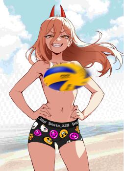 1girl ball bare_shoulders bikini bikini_shorts blonde_hair chainsaw_man collarbone commentary cowboy_shot day demon_girl demon_horns english_commentary grin hair_between_eyes highres horns long_hair navel outdoors parta_228 power_(chainsaw_man) red_horns sharp_teeth shorts smile swimsuit teeth topless_female volleyball_(object)