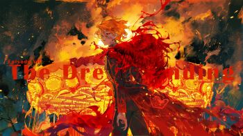 1girl artist_name black_jacket black_pants blonde_hair blood blood_on_clothes blood_on_face burning cape carousel commentary cowboy_shot don_quixote_(project_moon) embers english_commentary english_text feather_boa fire from_behind hair_between_eyes highres jacket krab_(fumekrab) limbus_company long_sleeves looking_at_viewer looking_back pants parted_lips project_moon red_cape red_eyes sancho_(project_moon) short_hair solo standing watermark wavy_hair