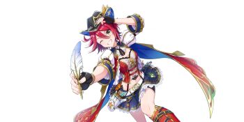 1girl arm_up belt black_gloves black_hat black_suspenders blue_skirt boots breasts cleavage coat dot_nose feathers fingerless_gloves fiona_(lapis_re:lights) game_cg gloves green_eyes grin groin hair_between_eyes hat highres holding holding_quill knee_boots lapis_re:lights looking_at_viewer medium_breasts midriff navel official_art one_eye_closed open_clothes open_coat puffy_short_sleeves puffy_sleeves quill red_boots red_coat red_hair short_hair short_sleeves simple_background skirt smile solo third-party_source transparent_background white_belt white_feathers