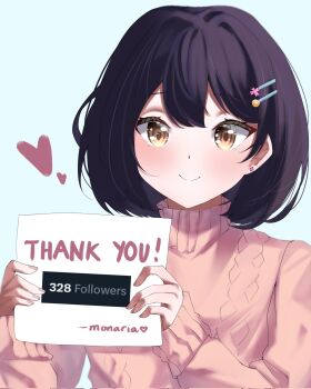 1girl black_hair blue_background brown_eyes closed_mouth commentary double-parted_bangs english_commentary hair_ornament hairclip heart highres holding holding_paper long_sleeves looking_at_viewer original paper parallel_hairclips pink_sweater riria_mona1 short_hair simple_background smile solo sweater thank_you upper_body