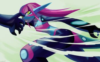 1girl alien bandeau blue_skin blunt_bangs breasts cleavage clenched_teeth colored_skin commentary commission dinosaur_girl duna_(fossil_fighters) english_commentary facial_mark feet_out_of_frame fossil_fighters frown full_body green_eyes hand_up highres long_hair long_pointy_ears long_sidelocks looking_at_viewer lower_eyelashes_only multicolored_skin namnums oversized_forearms oversized_limbs parted_lips pink_bandeau pink_hair pink_tube_top pointy_ears reptile_girl sharp_teeth sidelocks solo strapless tail teeth tube_top wind