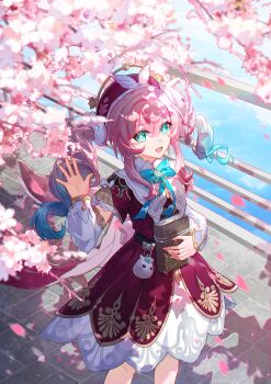 1girl absurdres book chinese_commentary dress highres holding holding_book honkai:_star_rail honkai_(series) hyacine_(honkai:_star_rail) long_hair long_sleeves looking_at_viewer open_mouth pink_hair shirt skirt smile solo tongyu