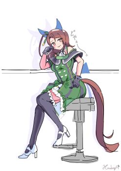 1girl absurdres animal_ears bare_shoulders black_gloves black_thighhighs blush bow breasts brown_hair closed_mouth dress ear_bow ear_covers ear_ribbon frilled_thighhighs frills garter_straps gloves green_bow green_dress hair_between_eyes head_rest high_heels highres hinokey_(hinokey0126) horse_ears horse_girl horse_tail king_halo_(king_of_emeralds)_(umamusume) king_halo_(umamusume) long_hair looking_at_viewer off-shoulder_dress off_shoulder on_stool red_eyes sitting smile solo stool tail thighhighs umamusume
