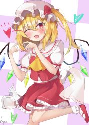 Rule 34 | 1girl, absurdres, ascot, blonde hair, blush, cowboy shot, crystal wings, dress, finger heart, flandre scarlet, hat, hat ribbon, heart, highres, hope (ozeusama3983), looking at viewer, mob cap, one eye closed, open mouth, puffy short sleeves, puffy sleeves, red dress, red eyes, red ribbon, ribbon, short sleeves, side ponytail, solo, touhou, white mob cap, yellow ascot