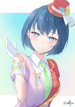 1girl absurdres blue_eyes blue_hair blush closed_mouth collared_shirt gloves green_necktie hair_ornament hat highres kiritani_haruka looking_at_viewer mini_hat necktie oekkjan project_sekai shirt short_hair smile solo two-tone_background two-tone_shirt white_gloves