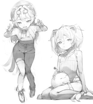 2girls animal_ears bomb cat cat_ears cat_girl cat_tail explosive greyscale hololive lion_ears lion_girl lion_tail monochrome multiple_girls raora_panthera shishiro_botan shoes tail theflatfacadeds