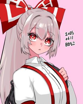 Rule 34 | 1girl, :<, absurdres, backpack, bag, blush, bow, breasts, bright pupils, closed mouth, dated commentary, double-parted bangs, eyelashes, eyes visible through hair, fujiwara no mokou, grey hair, hair between eyes, hair bow, hair intakes, hand up, high ponytail, highres, large breasts, long hair, neophyte, pink background, ponytail, red bow, red eyes, shirt, simple background, solo, suspenders, touhou, upper body, upturned eyes, very long hair, white pupils, white shirt, wing collar