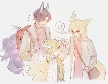 1boy absurdres animal_ears arknights backpack bag blonde_hair commentary family father_and_daughter fox_ears fox_girl fox_tail hairband hashtag-only_commentary highres husband_and_wife kitsune kyuubi mother_and_daughter mucha_1232 multiple_tails randoseru suzuran&#039;s_father_(arknights) suzuran_(arknights) tail vulpisfoglia_(arknights)