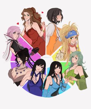 6+girls aerith_gainsborough aerith_gainsborough_(red_dress) armor bandana black_hair blonde_hair blue_eyes braid breasts brown_hair cleavage color_wheel color_wheel_challenge detached_sleeves dress final_fantasy final_fantasy_iv final_fantasy_ix final_fantasy_vii final_fantasy_vii_remake final_fantasy_viii final_fantasy_x final_fantasy_x-2 final_fantasy_xiii garnet_til_alexandros_xvii green_eyes hair_over_one_eye heart highres in-franchise_crossover large_breasts lightning_farron lightning_returns:_final_fantasy_xiii long_hair lulu_(ff10) multiple_drawing_challenge multiple_girls pink_hair purple_dress red_dress rikku_(ff10) rinoa_heartilly rydia_(adult)_(ff4) rydia_(ff4) smile square_enix tifa_lockhart tifa_lockhart_(refined_dress) vanekairi wall_market