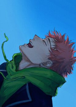 1boy adam&#039;s_apple am4_pm4 black_jacket blue_sky closed_eyes green_hoodie highres hood hoodie itadori_yuuji jacket jujutsu_kaisen lapels male_focus open_clothes open_jacket open_mouth pink_hair profile short_hair sideways sky smile solo teeth