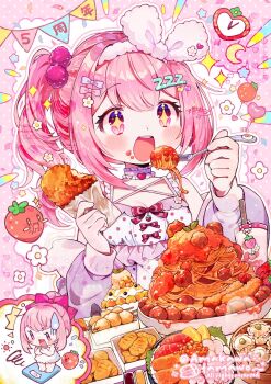 Rule 34 | + +, 1girl, :d, ^^^, amakawa tamawo, artist name, bare shoulders, blue bow, blush, border, bow, breasts, chibi, cleavage, commentary request, commission, double-parted bangs, eating, flower, food, food on face, fork, fruit, hair between eyes, hair bow, hair flower, hair intakes, hair ornament, highres, holding, holding fork, indie virtual youtuber, long hair, long sleeves, maisaki berry, meatball, medium breasts, open mouth, outside border, pasta, pink border, pink bow, pink eyes, pink hair, ponytail, shirt, sleeveless, sleeveless shirt, smile, spaghetti, spaghetti and meatballs, squiggle, strawberry, sweatdrop, upper body, virtual youtuber, weighing scale, weight conscious, white background, white flower, white shirt, zzz hair ornament