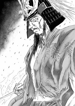 1boy 913kousatu absurdres armor ashina_isshin beard closed_eyes closed_mouth commentary_request facial_hair greyscale helmet highres holding holding_sword holding_weapon japanese_armor japanese_clothes kabuto_(helmet) katana kimono male_focus monochrome mustache sekiro:_shadows_die_twice solo sword upper_body weapon