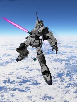 3d aircraft anksha beam_cannon blue_sky cloud commentary_request energy_sword flying gundam gundam_unicorn highres machinery mecha mecha_focus mobile_suit no_humans photo_background realistic robot ryo217 science_fiction sky spacecraft starfighter sword thrusters transformation unicorn_gundam weapon when_you_see_it