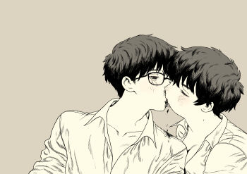 2boys a3dyqtlpqjcuqvs absurdres biting bleeding blood broken_eyewear brown_background commentary_request glasses highres kiss male_focus multiple_boys original short_hair shota simple_background upper_body yaoi