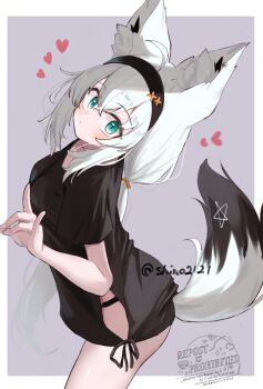 1girl ahoge alternate_costume animal_ear_fluff animal_ears aqua_eyes black_ribbon black_shirt breasts closed_mouth commentary_request dot_mouth earrings fox_ears fox_girl fox_shadow_puppet fox_tail hair_between_eyes hair_ornament hairband heart highres hololive jewelry light_blush long_hair looking_at_viewer outside_border pentagram ribbon shino2121 shirakami_fubuki shirt simple_background single_earring star_(symbol) tail virtual_youtuber