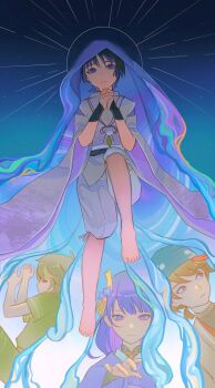 1girl 3boys barefoot blonde_hair blue_background blue_eyes blue_hair blue_pupils blunt_ends bridal_gauntlets brown_eyes brown_hair closed_eyes closed_mouth feather_necklace feet flower_ornament bad_tag genshin_impact gradient_background hair_between_eyes hair_ornament head_tilt highres japanese_clothes jewelry kimono long_hair long_sleeves looking_at_viewer looking_down looking_to_the_side mother_and_son multicolored_eyes multicolored_hair multiple_boys neck_ribbon necklace niwa_(genshin_impact) open_mouth own_hands_together purple_eyes purple_hair purple_kimono raiden_shogun red_ribbon ribbon sash scaramouche's_sickly_friend_(genshin_impact) scaramouche_(genshin_impact) scaramouche_(kabukimono)_(genshin_impact) short_hair short_sleeves sleeping streaked_hair toes veil wide_sleeves wonemie