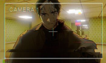 1boy akswozal backrooms_(creepypasta) batman_(series) black_bodysuit black_gloves black_hair blue_eyes bodysuit brown_jacket ceiling ceiling_light dc_comics fluorescent_lamp gloves grey_bodysuit hallway highres horror_(theme) jacket jason_todd liminal_space male_focus multicolored_bodysuit multicolored_hair muscular muscular_male open_clothes red_hood_(dc) red_hood_and_the_outlaws short_hair superhero_costume taut_bodysuit tile_ceiling tiles two-tone_bodysuit two-tone_hair vhs_artifacts yellow_theme