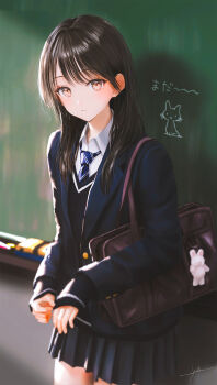 Rule 34 | 1girl, animal charm, bag, bag charm, black hair, black skirt, black sweater, blazer, blue jacket, blue necktie, brown eyes, chalkboard, charm (object), collared shirt, commentary request, cowboy shot, diagonal-striped clothes, diagonal-striped necktie, hair over shoulder, highres, indoors, jacket, jizell, layered sleeves, long hair, long sleeves, looking at viewer, miniskirt, necktie, open clothes, open jacket, original, parted bangs, parted lips, pleated skirt, school bag, school uniform, shirt, shoulder bag, signature, skirt, sleeves past wrists, solo, standing, striped clothes, sweater, v-neck, white shirt, wing collar, wispy bangs