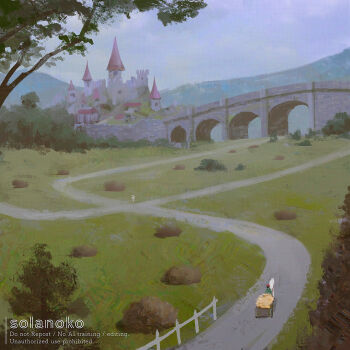 1other artist_name bridge building castle fence grass horse medieval original outdoors overcast path road scenery signpost sky solanoko tree wooden_fence