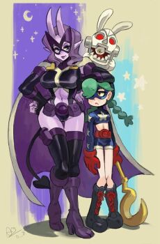 2017 2girls alex_ahad annie_(skullgirls) arm_on_own_head belt blue_background boots braid bridal_gauntlets cape colored_skin cosplay d._violet_(skullgirls) dc_comics demon_tail domino_mask elbow_gloves eye_mask gloves green_hair hair_over_one_eye high_heel_boots high_heels horns huntress_(dc) mask midriff moon multiple_girls oni_horns pouch purple_hair purple_skin sagan_(skullgirls) skullgirls staff stargirl tail tan_background thigh_gap thighhighs twin_braids yellow_eyes