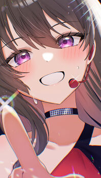Rule 34 | 1girl, black choker, blush, brown hair, choker, chromatic aberration, close-up, collarbone, commentary request, earpiece, goddess of victory: nikke, hair between eyes, highres, idol, lens flare, long hair, looking at viewer, nooo ji, portrait, pretty (nikke), purple eyes, smile, solo, sparkle, star (symbol), star in eye, sweat, sweatdrop, symbol in eye, teeth