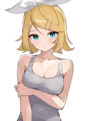 Rule 34 | 1girl, :/, alternate breast size, arm under breasts, bare shoulders, blonde hair, blue eyes, blush, bow, breasts, cleavage, closed mouth, collarbone, dot nose, flipped hair, grey shirt, hair bow, hair ornament, hairclip, highres, holding own arm, kagamine rin, looking at viewer, medium breasts, medium hair, rakugaki ningen, revision, shirt, simple background, sleeveless, sleeveless shirt, solo, straight hair, swept bangs, upper body, vocaloid, white background, white bow