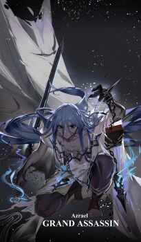 Rule 34 | 1boy, absurdres, azrael (grand assassin) (fate), black eyes, blue hair, colored skin, commentary, dark-skinned male, dark skin, english commentary, facial scar, fate/grand order, fate (series), feijiu, grand servant (fate/grand order), grey skin, hair between eyes, hair ornament, highres, long hair, looking at viewer, male focus, robe, scar, scar on cheek, scar on chest, scar on face, solo, torn clothes, torn robe, white robe