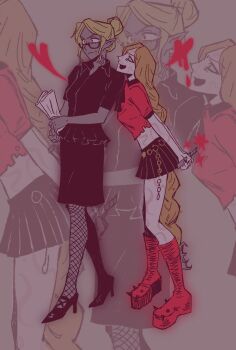 Rule 34 | 2girls, alternate costume, arms behind back, baldur's gate, baldur's gate 3, black-framed eyewear, black footwear, black jacket, black skirt, blank eyes, blonde hair, boots, braid, brown background, collared jacket, colored skin, constricted pupils, contemporary, cropped shirt, fishnet pantyhose, fishnets, from side, frwithe, full body, grey skin, hair bun, heart, high heels, highres, holding, holding paper, holding razor, jacket, knee boots, leaning forward, long hair, low-braided long hair, low-tied long hair, minthara, multiple girls, neck tattoo, o-ring, open mouth, orin the red, pantyhose, paper, platform footwear, pointy ears, razor, red footwear, red shirt, semi-rimless eyewear, shirt, shoes, short hair, short sleeves, single braid, single hair bun, skirt, standing, sweat, tattoo, under-rim eyewear, very long hair, white skin, yuri, zoom layer